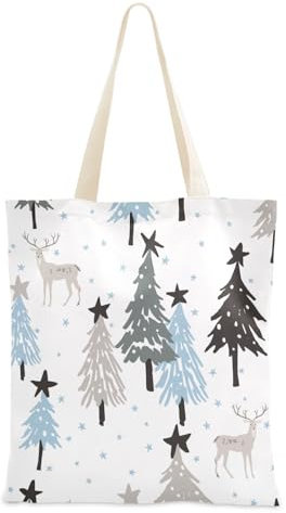 FRODOTGV Einkaufstasche aus Segeltuch mit Weihnachtsmuster, weiße Sterne, mit Taschen, für Freunde, Geburtstag, Geschenke, für Damen, Reisen, Einkaufstasche, einfarbig, Weihnachtsmuster, weiße Sterne,