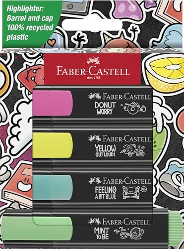 Faber-Castell 254690 Set di 4 Evidenziatori Neon Graffiti, Punta a Scalpello di Precisione, Set Evidenziatori Fluorescenti Graffiti, Design Ergonomico Piatto