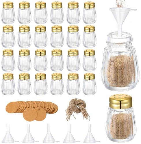 Uiifan Lot de 50 mini salières et poivrières de 14,2 g avec dessus doré en verre transparent avec 5 entonnoirs en plastique, 50 étiquettes, 50 cordes pour fête de mariage, cuisine (forme cube)