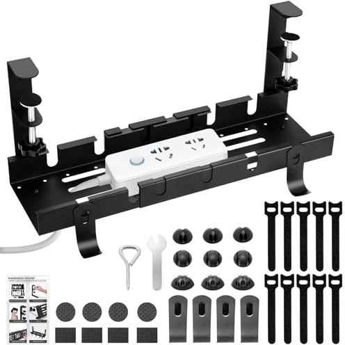 Kabelkanal Schreibtisch Ohne Bohren, Einziehbar 30.5-55CM Kabelmanagement Schreibtisch, Verstellbarer Metall Kabelhalter Kabel Organizer, Schreibtisch Kabelkanal Schwarz,mit Kabel Management Zubehör