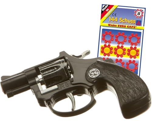 R 8 Polizei-Requisite 18 cm Schwarz mit 144 Ringamorces für Erwachsene