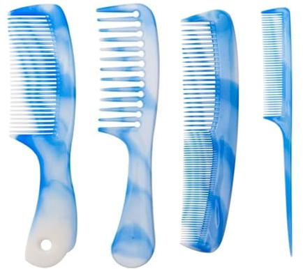 Lot de 4 peignes à cheveux bleu clair pour homme et femme - Dents larges et fines - Queue de rat - Double peigne à dents fines et larges