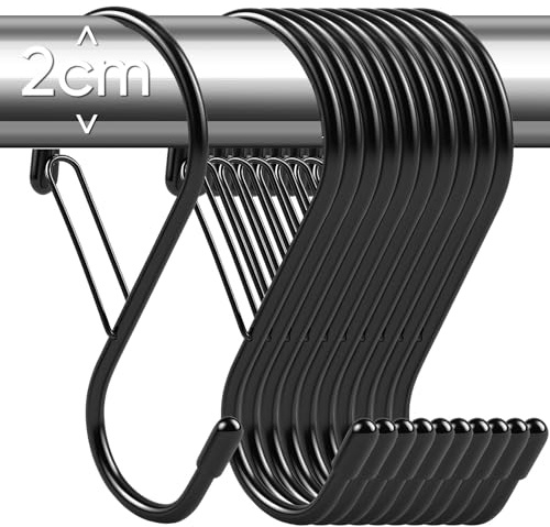 10 Stück S Haken Schwarz Groß, S Haken mit Sicherheitsschnalle, Metallhaken für Stangen bis 2 cm Durchmesser, Haken für Kleiderstange & Garderobenstange, Küche, Werkstatt, Badezimmer, Garten, Draussen