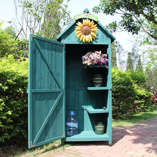 Potting Bench, Wooden Outdoor Garden Storage Shed With Waterproof Roof Turquoise Patio Storage Cabinet Organizer Lockable Wooden Shed For Lawn And Garden 30.3 * 21.4 * 70.4In (Turquoise 30.3