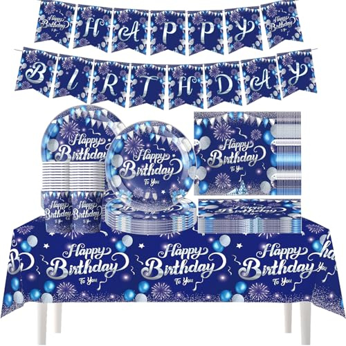 62 pièces de vaisselle de fête en diamant bleu d'encre, vaisselle d'anniversaire en diamant de première qualité, décorations de fête, articles d'anniversaire, pour 20 personnes