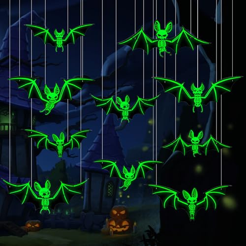 10 Pezzi Decorazione Pipistrello Luminoso, Fosforescenti Pipistrello Addobbi, Halloween Appeso pipistrelli con scheletro luminoso, per decorazioni di Halloween Cortile Portico giardino, feste
