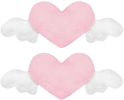 wkao 2 Pcs Heart-Shaped Plush Car Headrest Pillow with Angel Wings, Soft Neck Cushion for Comfort and Style, Washable and Reusable, 19.3 X 9.1