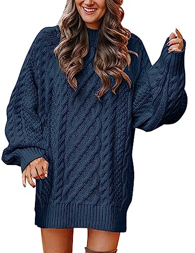 Women's Jumpers Dress Casual Crew Neck Long Sleeve Chunky Cable Knitted Jumper Elegant Solid Chunky Knit Pullover Ladies Comfort Warm Sweater Loose Sweatshirt Outwear Plus Size(Navy,L)