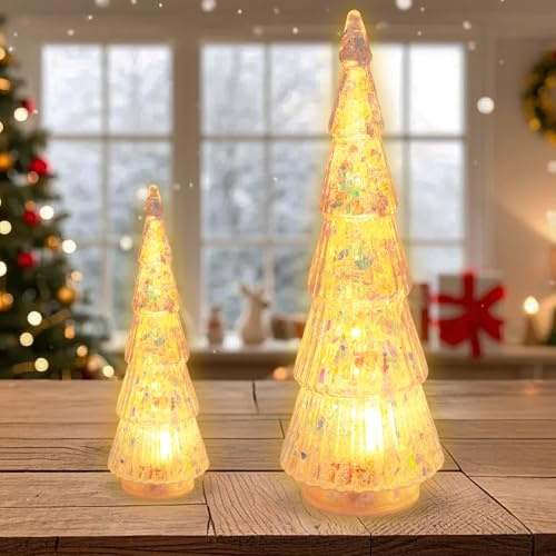 Kleiner Acryl Weihnachtsbaum, 2 Stück 24 cm/14 cm Mini Weihnachtsbaum, Weihnachtsbaum mit Beleuchtung, Acryl-Tannenbaum für Familienfeiern, Fensterbänke, Wohnzimmer, Tischdekoration