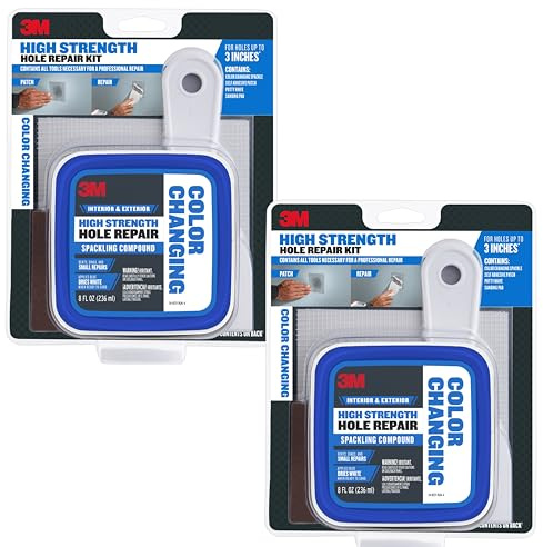 3M High Strength Small Hole Drywall Repair Kit with Color Changing Spackling Compound, 12 oz, Includes Putty Knife, Patch and Sanding Pad, Fast-Drying for Interior/Exterior Use (Pack of 2)