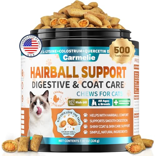 Cat Hairball Support Chews – 500 Crunchy & Creamy Chews – Indoor Hairball Control Formula, Feline Digestion Support, Chicken & Krill Flavor Supplement Bites