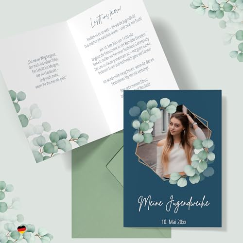 Einladungskarten Jugendweihe, personalisiert, Klappkarte Einladung Jugendweihe mit Foto & Text – 8 bis 100 Karten – hochwertig gedruckt auf 300 g Papier, Umschläge optional, Motiv Eucalyptus blaugrün
