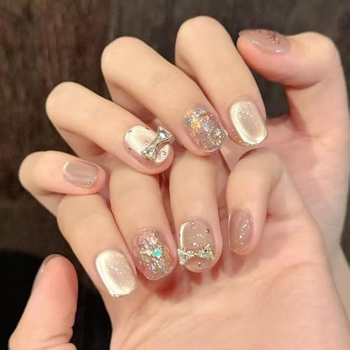 30pcs Short False Nails Cat Eye Glitter Gold Press on Nails Lilac Polka Dot Bow Design Stick on Nail Removable Glue-on Fake Nail Art Accessories for Women
