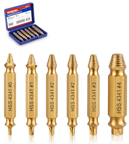 WORKPRO Juego de 6 Extractores de Tornillos Dañados Revestidos de Titanio, Removedores de Pernos Rotos para Tornillos de 2–13 mm con Estuche de Almacenaje | Extractores y desmontes pernos, para perforar y quitar tornillos y tuercas dañados de 2 a 13 mm, con caja de almacenamiento