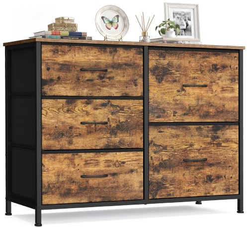 SONGMICS Chest of Drawers, 5 Fabric Drawers Storage Unit, Sturdy Steel Frame, Wooden Top, 98.7 x 30 x 74.7 cm, for Bedroom, Closet, Hallway, Living Room, Rustic Brown LGS235K101
