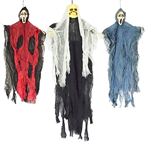 JOYIN 3 Stück hängenden Skelett Gespenst Halloween Dekorationen (ein 89cm Skelett Geister und zwei 63cm Grim Reaper)