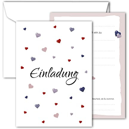 RotfuchsDesign – Einladung mit Herz, 12 Einladungskarten, Geburtstag, Party, Jubiläum, Gartenparty, Abschied, Erwachsene, Frau, Mädchen, Kinder, zum Ausfüllen, mit Umschlägen, DIN A6