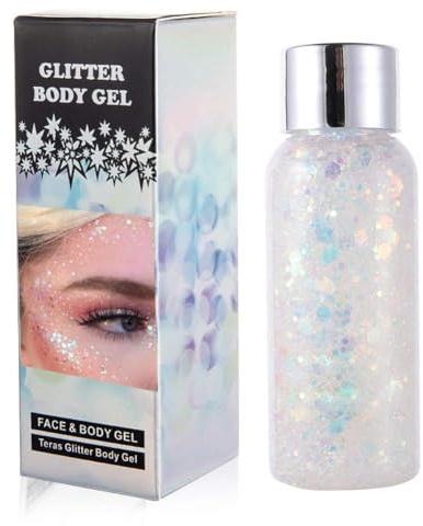 GL-Turelifes Mermaid Sequins Chunky Glitter Liquid Eyeshadow Body Gel Festival Cosmetic Face Hair Nails Makeup Long Lasting Sparkling 30g (09# White)