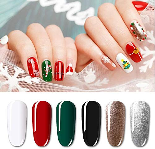 [Noël collection ] Vishine Lot de 6 Vernis à Ongles Gel Semi Permanent Blanc Rouge Vert Noir Paillettes Argent Soak Off UV LED Vernis Gel Nail Art Coffret 8ml