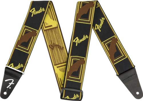 FenderWeighless Monogram - Correa para guitarra y bajo, 5 cm de ancho, color negro/amarillo/marrón