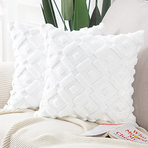 Madizz 2er Set Sanft Plüsch Kurze Wolle Samt Dekorativ Zierkissenbezüge Luxus Stil Kissenbezug für Sofa für Schlafzimmer Weiß 65x65 cm Quadrat
