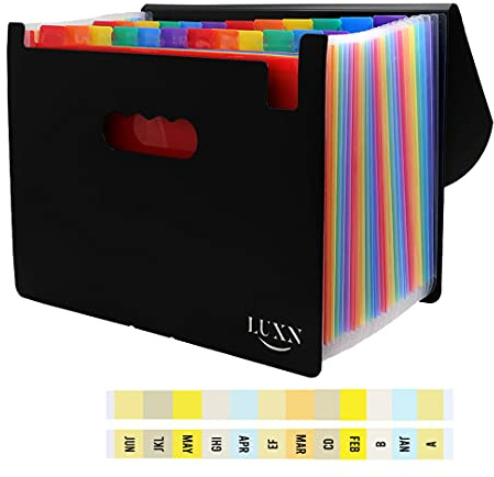 LUXN File Organiser 24 Pockets Expanding File Folder with Lid and Rainbow Colour Labels, A4 Size Accordion Folder, Document Organiser for Your Documents Storage (24 Pockets)