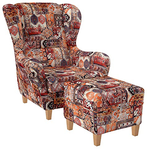 Supellex Ohrensessel »Sofia«, Design Samt-Velours Patchwork, Orient Terra (Design-Nr.: 5195), wahlweise mit Hocker (inkl. Hocker)