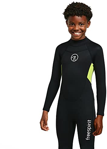 Freespirit Kids' Full Length 2.5mm Neoprene Wetsuit with Back Zip, Flatlock Seams, Key Pocket (Black, 12-13 Years)