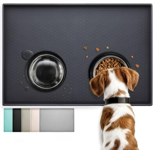 Conlun Hunde und Katzen Futtermatte 60x40 cm, rutschfeste Silikonmatte | Wasserdichte Haustier Futtermatte mit Erhöhtem Rand, Verhindert Auslaufen und Spülmaschinenfest, Schwarz