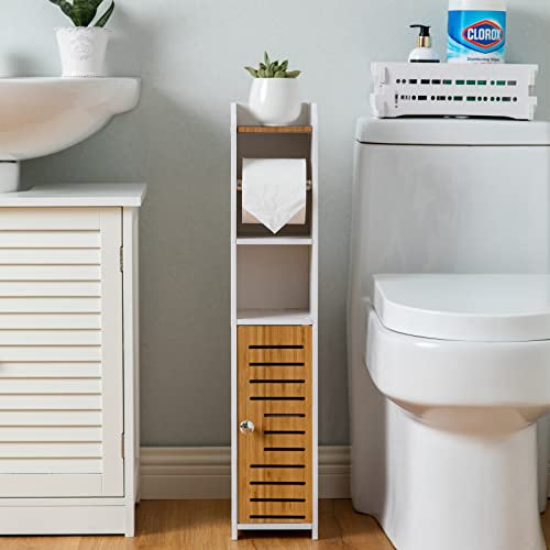Aojezor Freestanding Toilet Roll Holder, Toilet Paper Storage, Bathroom Shelf, Toilet Cabinet for Small Rooms