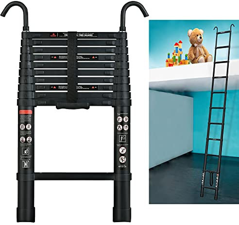 3,2 m hochwertige Aluminium-Teleskopleiter mit Haken, Schwarze Multifunktionsleiter, Tragfähigkeit bis zu 150 kg/330lbs