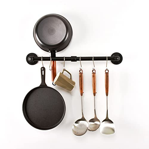 LINKPIPES Rohr Topf Pan Rack Wandbefestigte industrielle Utensil Deckel Halter Kochgeschirr Aufhänger Küche Organizer Hängende Bar Schiene mit S Haken (24 Inch, Schwarz)