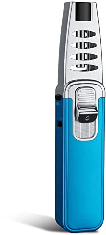 Briquet Torche Butane Flamme Jet Réglable Rechargeable Coupe-Vent avec Verrouillage de Sécurité Puissant Cigare Plus Léger pour Soudage Cuisson Cuisson BBQ Cuisine Camping,Blue