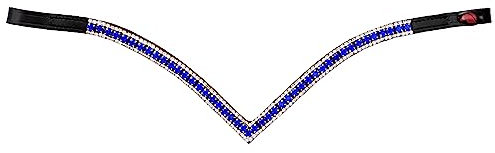 Start Woden Stirnriemen Pferd Glitzer, Stirnband Leder Diamond Pferdestirnband Pferdeschmuck geschwungen für Trense, Stirnriemen für Pferde Größe Warmblut, Vollblut und Pony (Full, Schwarz/Blue)