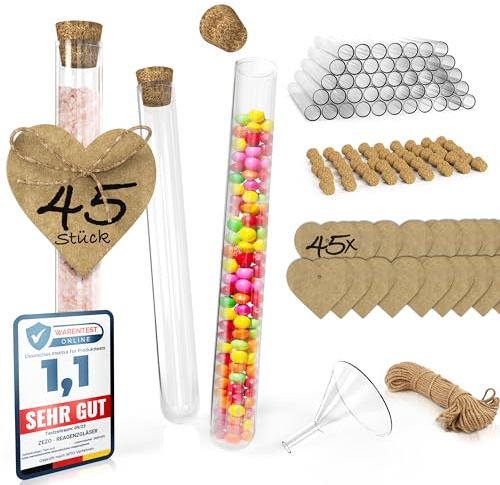 45x Reagenzgläser mit Korken für Blumen - Gastgeschenk Hochzeit 15cm Reagenzglas zum Befüllen von Badesalz, Gewürzen, Süßigkeiten mit Hanfseil – Kraftpapieranhänger - Weihnachtsgeschenke (45)