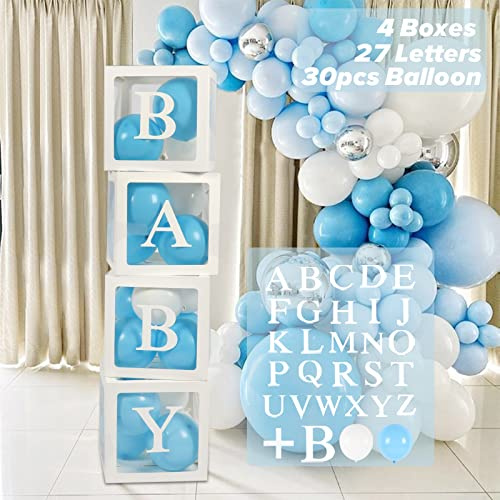 Cajas Baby Shower Niño con 27 Letras, Globos Azul y Blancos - Decoración para Cumpleaños y Fiesta