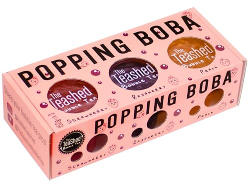 Popping Boba Set for Bubble Tea | Boba Kit Gift Set Contains 3 Flavours of Boba Pearls Making 9 Servings With 9 Paper Straws | Strawberry, Raspberry and Peach Bubbles | By The TeaShed