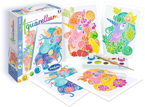 Sentosphère – Aquarellum Mini - Licornes 4 planches - Kit peinture - Peinture Aquarellum Magique - Enfants - 4 tableaux sertis 12 x 16 cm - Fabriqué en France - 6006