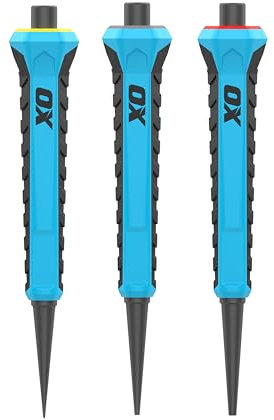 OX Pro Nail Punch 3 Pack Set (0.8mm, 1.6mm, 2.4mm), Forged Hardened Steel, Non-Slip Handles, Hexagonal Anti-Roll Design for Stability, Colour-Coded Centre Punch Set