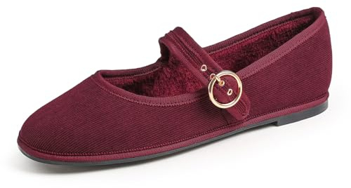 Feversole Women's Mary Jane Fashion，Scarpe Basse Classiche da Donna Décolleté Eleganti Fibbia Morbida Balletto per Donna Mary Jane in Velluto a Coste Foderato in Pelliccia Borgogna 41