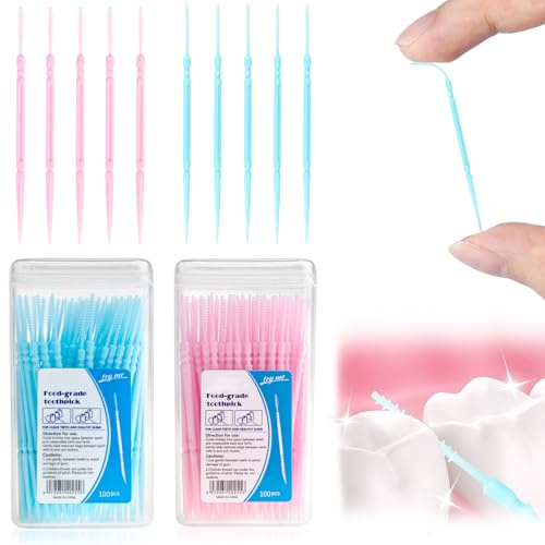 WOHSEROM 200 Stück Zahnzwischenraumbürsten mit doppeltem Verwendungszweck, Zahnseidebürste, 2 Box Zahnseide-Sticks, Zahnreinigungswerkzeuge für Zahnspangen, Mundreinigung, Rosa + Blau