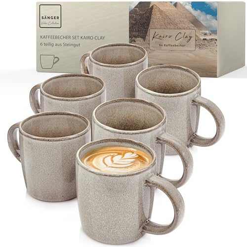 SÄNGER Kairo Clay Kaffeebecher 6 tlg, Steingut Tassen Set für 6 Person | en, Tassen multifunktional, spülmaschinen-mikrowellenfest, Coffee Mug Teetasse, Kaffeetassen Grau 400 ml