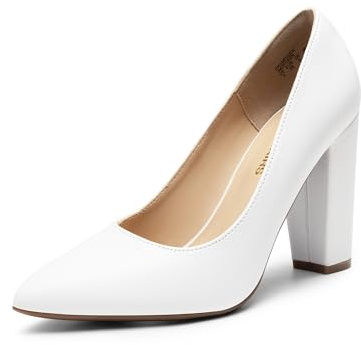 DREAM PAIRS Dam högtjocka blockklackar stängd spetsig tå slip-on kvinnor pumps bröllopsfest arbete bekväma klänning skor för kvinnor, Vitt, 40.5 EU