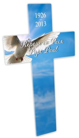 ¿Cruz funeraria personalizable de plexiglás? Patrón de cielo azul y paloma, 12x20 cm