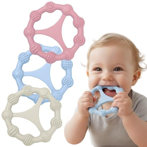 Cunitin Baby® Mordedor Bebe Refrigerante, Pack de 3 Mordedores Bebes 3-6meses, 6-12 Meses, Juguete Dentición a partir de 3 Meses de Silicona Blandita, Segura, Agarre Ergonómico y con texturas, sin BPA
