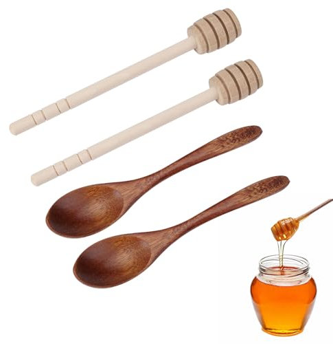 4 Stück Honigrührer Honiglöffel Holz 15cm, Honigspirale Honigstab, Holzlöffel Honig, Honigheber Honigrührer zum Auffangen von Dicken Flüssigkeiten Wie Honig, Sirup, Kondensmilch, Marmelade Usw