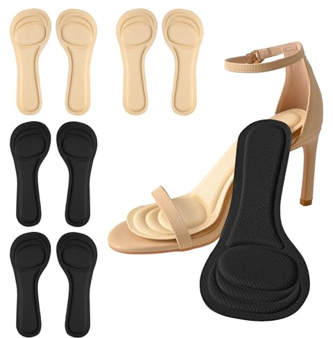XINIFOOT 4 Paar High Heel Einlagen Damen, 3/4 Länge, dünne Schuheinlagen für High Heels, Pumps, offene Zehen, flache und Sandalen, Kissen für Ferse und Fußballen, Stoßdämpfung (Schwarz + Beige)