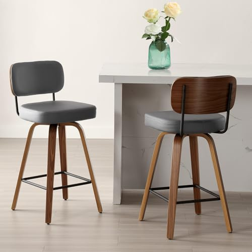 Bekrvio Lot de 2 tabourets de Bar pivotants à 360° avec Dossier, 65 cm de Hauteur d'assise - en Cuir synthétique et Bois Massif - 4 Pieds - pour Cuisine et comptoir - Chaise de Bar pivotante avec