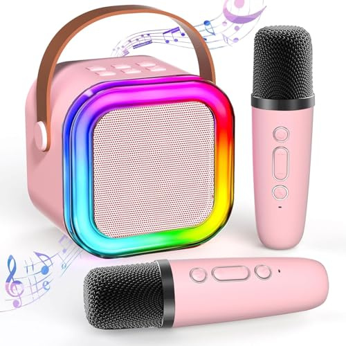 Mini machine de karaoké pour enfants avec 2 microphones Bluetooth, haut-parleur Bluetooth portable avec effets vocaux et lumières LED, jouet cadeau pour filles et garçons de 3 à 12 ans, rose