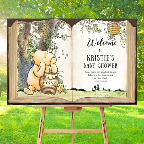 Personalized Bear Pooh Baby Shower Sign, Old Book Custom Baby Boy and Girl Welcome Yard Sign Party Decorations Plastic with H Stakes, Double Sided, Full Size8